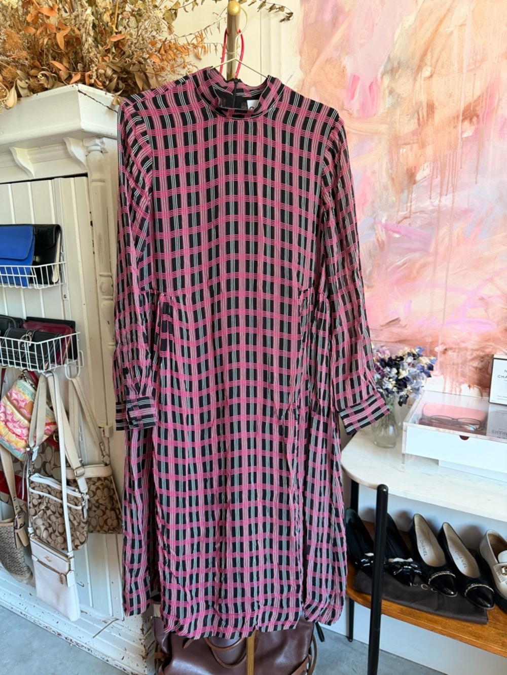 Ganni Pink and Black Plaid Long Sleeve A-Line Dress